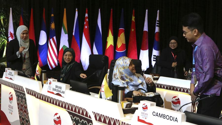Delegates from Brunei Darussalam attend the plenary session during the ASEAN Finance Ministers and Central Bank Governors meeting in Nusa Dua, Bali, Indonesia on Thursday, March 30, 2023. The resort island of Bali is held the ASEAN Finance Ministers and Central Bank Governors meeting on March 30-31. (AP Photo/Firdia Lisnawati)