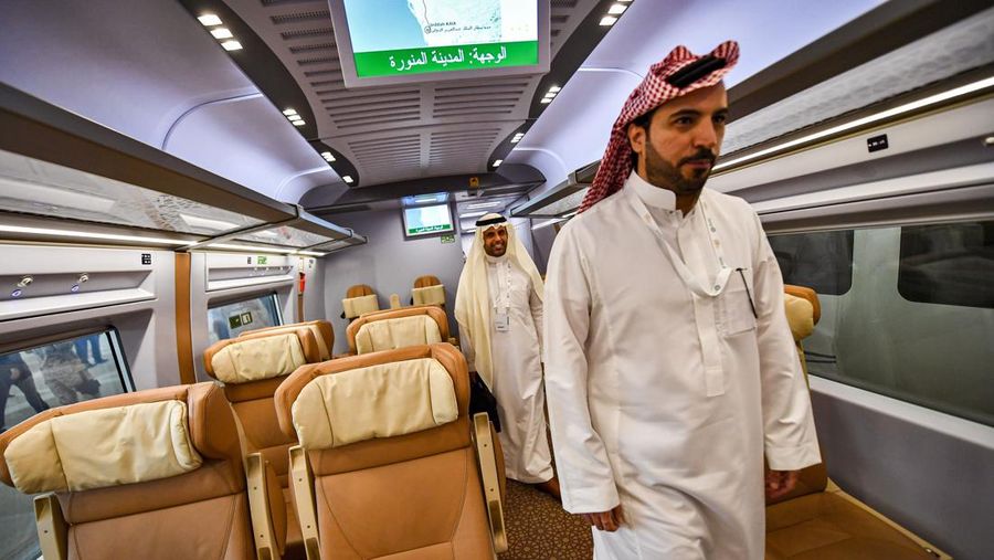 This picture taken on December 12, 2019 shows a view of a Haramain High Speed train, part of a network linking Saudi Arabia's two Muslim holy cities of Mecca and Medina, while at the airport station in the Red Sea city of Jeddah. - The high-speed railway, inaugurated by King Salman in September 2018, runs 450 kilometres (280 miles) via the Red Sea port of Jeddah, shuttling passengers at speeds of up to 300 kilometres per hour. Officials had described it as the biggest transport project in the region. Saudi is boosting its infrastructure spending and expanding its railways as it seeks to diversify its oil-dependent economy. (Photo by GIUSEPPE CACACE / AFP) (Photo by GIUSEPPE CACACE/AFP via Getty Images)