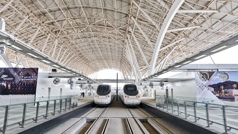 This picture taken on December 12, 2019 shows a view of a Haramain High Speed train, part of a network linking Saudi Arabia's two Muslim holy cities of Mecca and Medina, while at the airport station in the Red Sea city of Jeddah. - The high-speed railway, inaugurated by King Salman in September 2018, runs 450 kilometres (280 miles) via the Red Sea port of Jeddah, shuttling passengers at speeds of up to 300 kilometres per hour. Officials had described it as the biggest transport project in the region. Saudi is boosting its infrastructure spending and expanding its railways as it seeks to diversify its oil-dependent economy. (Photo by GIUSEPPE CACACE / AFP) (Photo by GIUSEPPE CACACE/AFP via Getty Images)