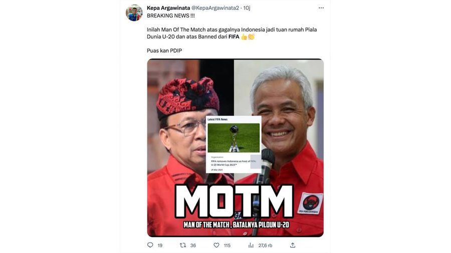 Meme lelucon yang diluapkan akibat dibatalkannya pergelaran Piala Dunia U20 di Indonesia. (Tangkapan Layar Twitter)