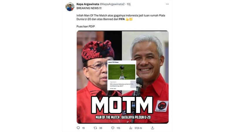 Meme lelucon yang diluapkan akibat dibatalkannya pergelaran Piala Dunia U20 di Indonesia. (Tangkapan Layar Twitter)
