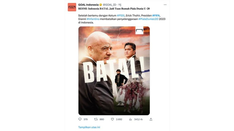 Meme lelucon yang diluapkan akibat dibatalkannya pergelaran Piala Dunia U20 di Indonesia. (Tangkapan Layar Twitter)
