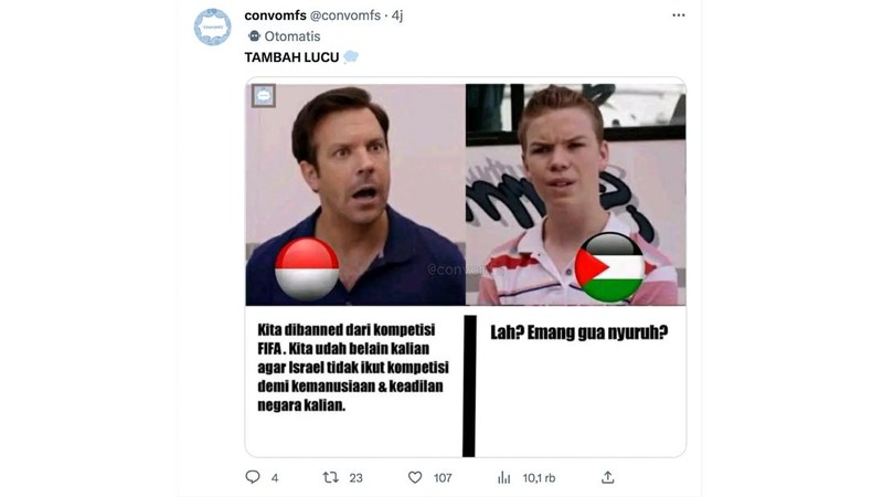 Meme lelucon yang diluapkan akibat dibatalkannya pergelaran Piala Dunia U20 di Indonesia. (Tangkapan Layar Twitter)
