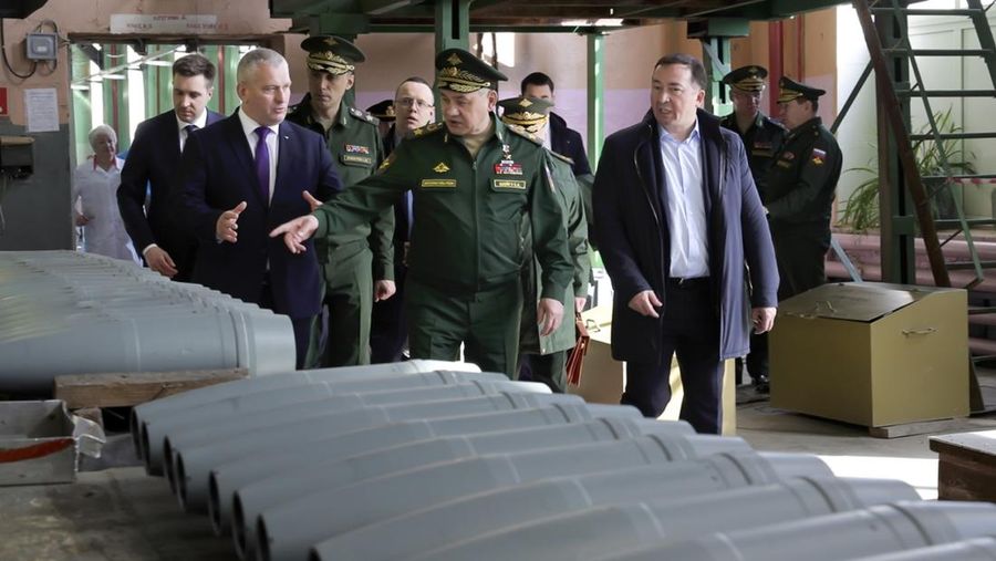 This photo made from video provided by the Russian Defense Ministry Press Service on Wednesday, March 29, 2023, shows Russian Defense Minister Sergei Shoigu, center, visiting defense factories in the Chelyabinsk and Kirov regions producing artillery rounds and rockets. Russian Defense Ministry said that the factories' managers reported on their efforts to modernize industrial assets to boost production. (Russian Defense Ministry Press Service via AP)
