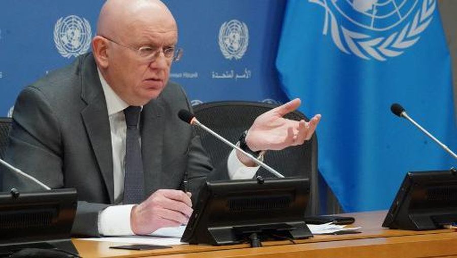 Russian Ambassador to the United Nations Vassily Nebenzia, president of the Security Council for the month of April, speaks at a press conference on April 3, 2023 at the United Nations in New York. - The European Union will guard against any abuse during Russia's presidency of the United Nations Security Council during the month of April, the bloc's foreign policy chief said. Russia, one of the five permanent members of the UN Security Council, on April 1, 2023, assumed its presidency as part of the monthly rotation between its 15 members. (Photo by Bryan R. Smith / AFP)
