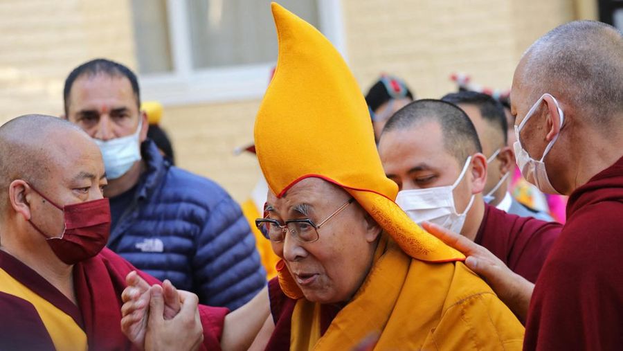 Tibetan spiritual leader Dalai Lama (C) arrives to attend a prayer at the Main Tibetan Temple in McLeod Ganj on April 5, 2023. (Photo by AFP) (Photo by -/AFP via Getty Images)