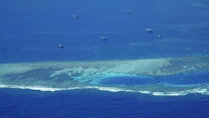 In this Aug. 22 frame grab from handout video provided by the Philippine Coast Guard, structures on the Chinese occupied Subi reef, locally called Zamora reef are seen at the disputed waters of the South China Sea.(Philippine Coast Guard via AP)