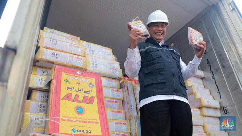 Sejumlah alat berat menggangkat kontainer berisi daging kerbau beku asal India di New Priok Container Terminal One (NPCTI), Jakarta Utara, Selasa, 12/4. (CNBC Indonesia/Muhammad Sabki)
