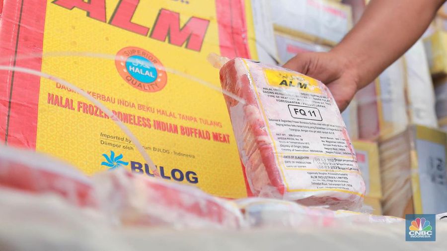 Direktur Utama Perum Bulog Budi Waseso alias Buwas membongkar 1 kontainer berisi 18.000 ton daging kerbau beku asal India dengan merek ALM di New Priok Container Terminal One (NPCTI), Jakarta Utara, Selasa, 12/4. (CNBC Indonesia/Muhammad Sabki)