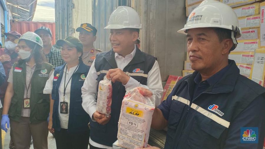 Dirut Perum Bulog Budi Waseso membongkar 18.000 ton daging kerbau beku asal India di New Priok Container Terminal One (NPCTI), Jakarta, Rabu (14/4/2023). (CNBC Indonesia/Martyasari Rizky)
