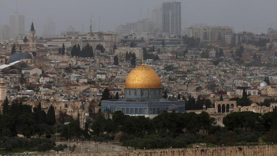 A picture shows a view of the al-Aqsa mosque complex and its Dome of the Rock mosque in Jerusalem on a rainy day, on April 12, 2023. (Photo by AHMAD GHARABLI / AFP) (Photo by AHMAD GHARABLI/AFP via Getty Images)
