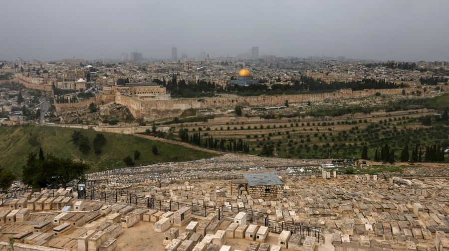A picture shows a view of the al-Aqsa mosque complex and its Dome of the Rock mosque in Jerusalem on a rainy day, on April 12, 2023. (Photo by AHMAD GHARABLI / AFP) (Photo by AHMAD GHARABLI/AFP via Getty Images)