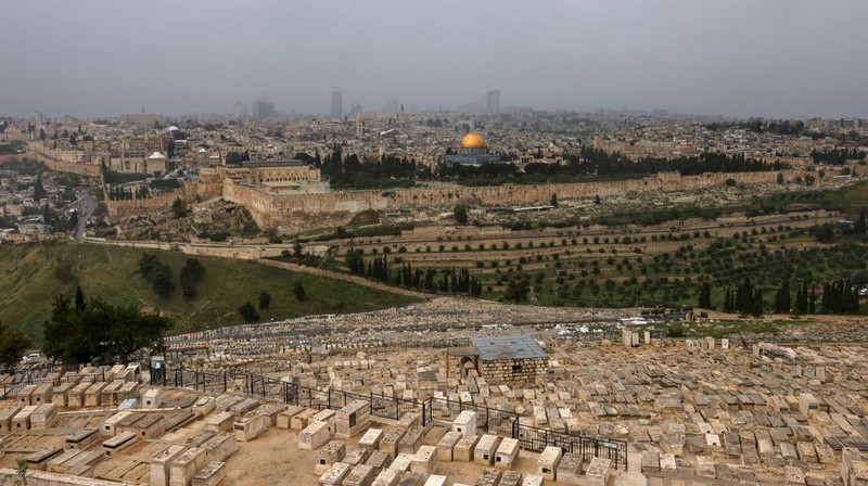 A picture shows a view of the al-Aqsa mosque complex and its Dome of the Rock mosque in Jerusalem on a rainy day, on April 12, 2023. (Photo by AHMAD GHARABLI / AFP) (Photo by AHMAD GHARABLI/AFP via Getty Images)