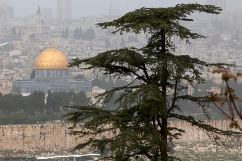 A picture shows a view of the al-Aqsa mosque complex and its Dome of the Rock mosque in Jerusalem on a rainy day, on April 12, 2023. (Photo by AHMAD GHARABLI / AFP) (Photo by AHMAD GHARABLI/AFP via Getty Images)