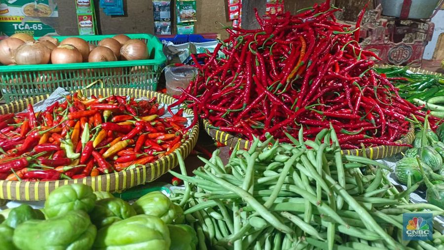 Sembilan hari menjelang lebaran, di Pasar Tebet Timur, Jakarta Selatan, pada hari ini Kamis (13/4/2023) harga cabai rawit merah turun hingga menyentuh Rp 50.000 per kg. Harga tersebut turun signifikan dibandingkan pada pekan lalu yang mencapai Rp 80.000 per kg. (CNBC Indonesia/Martyasari Rizky)