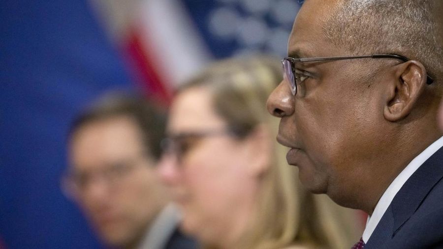 Secretary of Defense Lloyd Austin speaks during a meeting with Carlito Galvez Jr., left, senior undersecretary of National Defense of the Philippines, at the Pentagon, Wednesday, April 12, 2023, in Washington. (AP Photo/Alex Brandon)