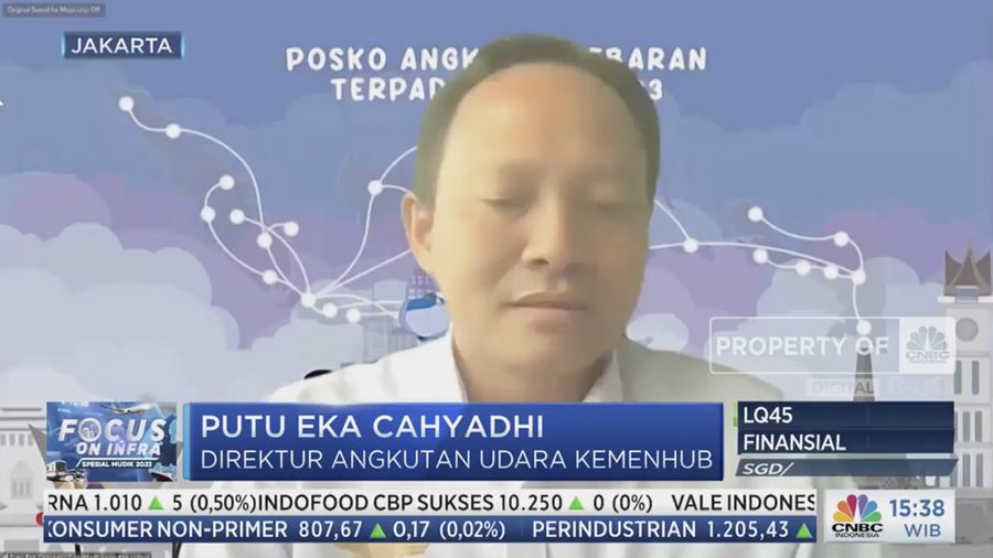 Direktur Angkutan Udara Kemenhub, Putu Eka Cahyadhi, dalam dialog Mudik Aman Berkesan Dengan Transpotasi Udara 2023 Pada Selasa, (18/4/2023). (Tangkapan Layar CNBC Indonesia TV)