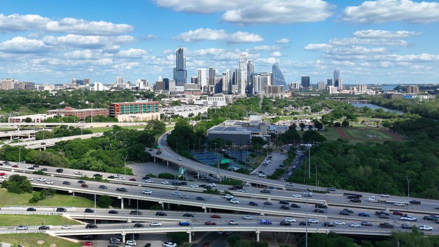 AUSTIN, TEXAS - APRIL 11: In an aerial view, the downtown skyline is seen on April 11, 2023 in Austin, Texas. The city of Austin has been ranked as the top destination of U.S. job markets for the second consecutive year, according to data collected by The Wall Street Journal. (Photo by Brandon Bell/Getty Images)