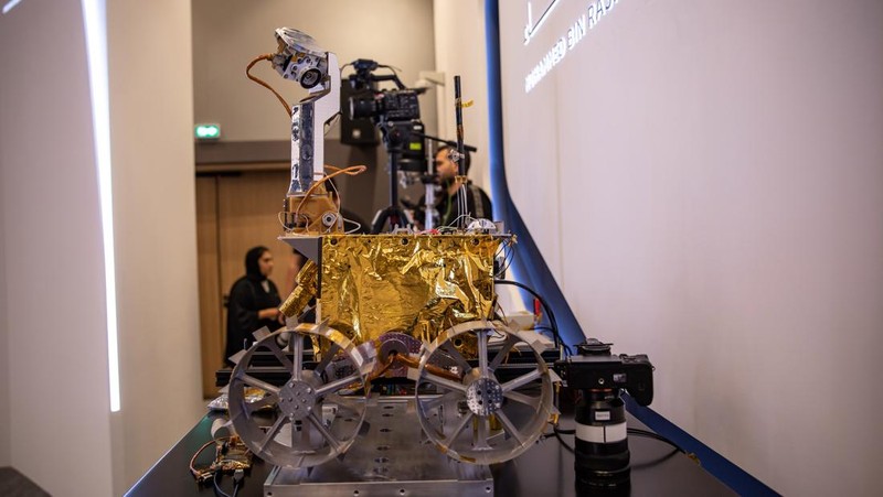 DUBAI, UNITED ARAB EMIRATES - APRIL 25: A copy of the Emirati-made Rashid Rover in the command center of the Mohammed Bin Rashid Space Centre on April 25, 2023 in Dubai, United Arab Emirates. The Rashid Rover would have been the first Arab-made spacecraft to land on the surface of the Moon, but the landing of the spacecraft carrying the Rover was unsuccessful. (Photo by Andrea DiCenzo/Getty Images)
