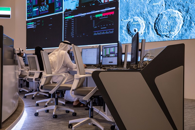 1252172990 DUBAI, UNITED ARAB EMIRATES - APRIL 25: A copy of the Emirati-made Rashid Rover in the command center of the Mohammed Bin Rashid Space Centre on April 25, 2023 in Dubai, United Arab Emirates. The Rashid Rover would have been the first Arab-made spacecraft to land on the surface of the Moon, but the landing of the spacecraft carrying the Rover was unsuccessful. (Photo by Andrea DiCenzo/Getty Images)