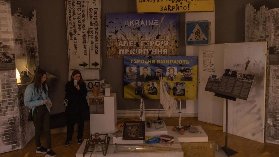 KYIV, UKRAINE - APRIL 26: A man walks down the steps next to exhibited items of the Russian army on April 26, 2023 at the National Museum of the History of Ukraine in Kyiv, Ukraine. Museum curators retrieved a variety of items left by Russian soldiers during the first part of their 2022 invasion, when Russian forces occupied areas around Kyiv. Russia ultimately retreated from around the capital, concentrating its land war in the east. (Photo by Roman Pilipey/Getty Images)