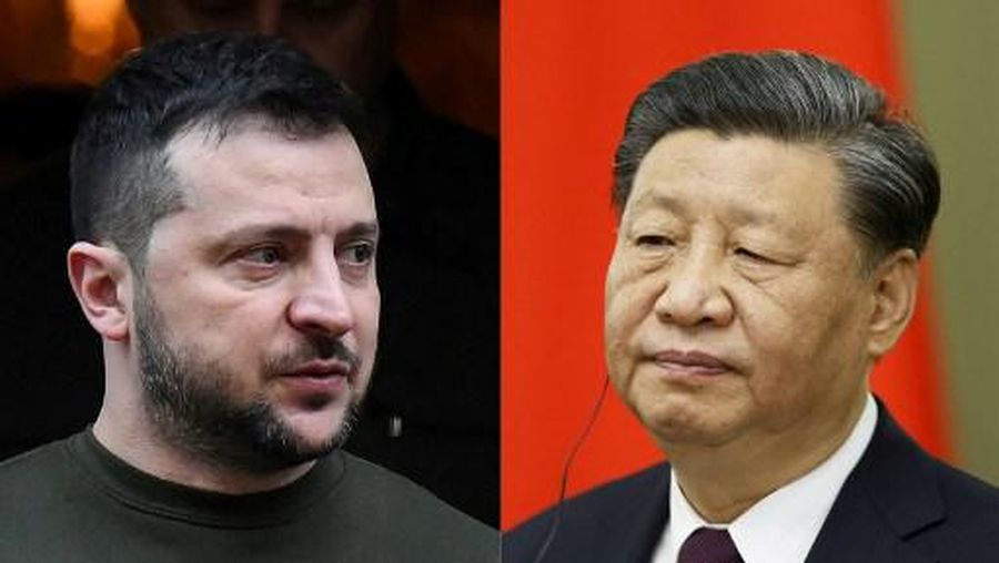 (COMBO) This combination of pictures created on April 26, 2023 shows Ukraine's President Volodymyr Zelensky (L) leaving from 10 Downing Street in central London on February 8, 2023, after meeting with Britain's Prime Minister, and China's President Xi Jinping (R) attending a meeting with Russian Prime Minister in Moscow on March 21, 2023. - Ukrainian President Volodymyr Zelensky appointed a new ambassador to Beijing on April 26, 2023 after his first call with Chinese leader Xi Jinping since Moscow's invasion. Pavel Ryabikin, who previously headed the ministry of strategic industries of Ukraine, was named Kyiv's new envoy to China, according to a decree on the presidency's website. Ukraine has not had an ambassador to China since February 2021. (Photo by Daniel LEAL and DMITRY ASTAKHOV / various sources / AFP)