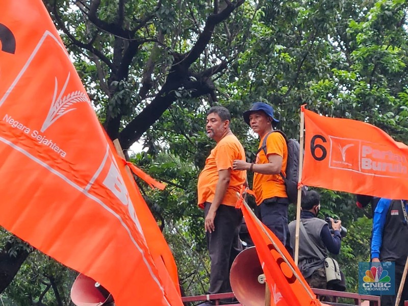 Demo buruh akan berlangsung di Jakarta, Senin (1/5/2023), guna memperingati hari buruh atau Mei Day. (CNBC Indonesia/Emir Yanwardhana)