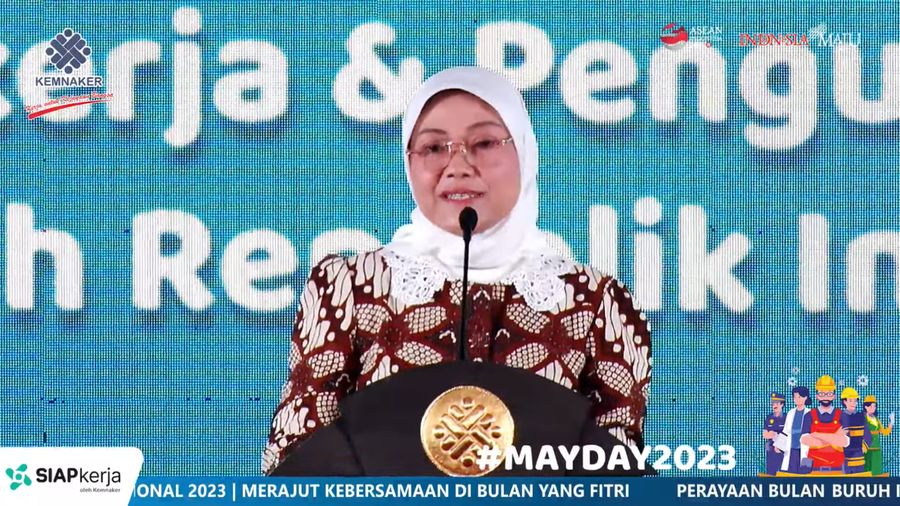 Menaker Ida Fauziyah dan Menko PMK Muhadjir Effendy hadir saat kegiatan Puncak Perayaan May Day Kemnaker-Gobel, Senin (1/5/2023).