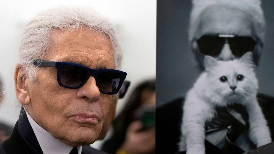 German fashion designer Karl Lagerfeld poses next to a photo of himself and his cat Choupette during a visit to the workshops that work for Chanel in Pantin, outside of Paris, on February 7, 2014. PHOTO / JOEL SAGET (Photo by Joël SAGET / AFP) (Photo credit should read JOEL SAGET/AFP via Getty Images)