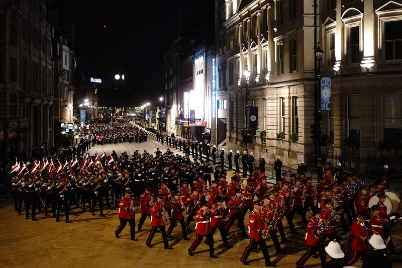 Latihan malam hari di London pusat untuk penobatan Raja Charles III, yang akan berlangsung akhir pekan ini. Tanggal pengambilan gambar: Rabu 3 Mei 2023. (Victoria Jones/PA Images via Getty Images)