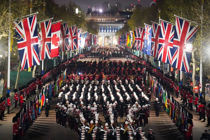 Latihan malam hari di London pusat untuk penobatan Raja Charles III, yang akan berlangsung akhir pekan ini. Tanggal pengambilan gambar: Rabu 3 Mei 2023. Latihan malam hari di London pusat untuk penobatan Raja Charles III, yang akan berlangsung akhir pekan ini. Tanggal pengambilan gambar: Rabu 3 Mei 2023. (Victoria Jones/PA Images via Getty Images)