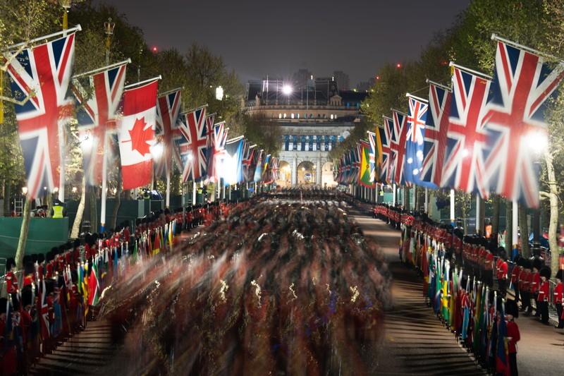 Latihan malam hari di London pusat untuk penobatan Raja Charles III, yang akan berlangsung akhir pekan ini. Tanggal pengambilan gambar: Rabu 3 Mei 2023. Latihan malam hari di London pusat untuk penobatan Raja Charles III, yang akan berlangsung akhir pekan ini. Tanggal pengambilan gambar: Rabu 3 Mei 2023. (Victoria Jones/PA Images via Getty Images)