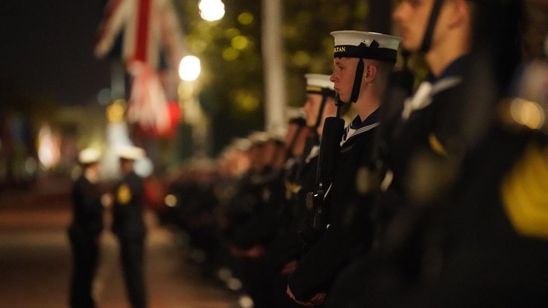 Latihan malam hari di London pusat untuk penobatan Raja Charles III, yang akan berlangsung akhir pekan ini. Tanggal pengambilan gambar: Rabu 3 Mei 2023. (Victoria Jones/PA Images via Getty Images)
