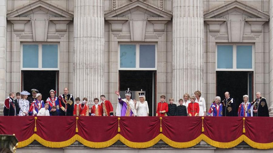 (left to right) Members of the royal family: the Duke of Edinburgh, the Earl of Wessex, Lady Louise Windsor, Vice Admiral Sir Tim Laurence, the Duchess of Edinburgh, the Princess Royal, Princess Charlotte, the Princess of Wales, Prince Louis, the Prince of Wales, the King's Pages of Honour including Prince George, Lord Oliver Cholmondley, Nicholas Barclay, Ralph Tollemache, King Charles III and Queen Camilla, the Queen's Pages of Honour including Louis and Gus Lopes, Freddy Parker Bowles and Arthur Eliot, Lady in Attendance Annabel Eliot and Marchioness of Lansdowne, Princess Alexandra of Kent, the Duke of kent, the Duchess of Gloucester and the Duke of Gloucester, on the balcony of Buckingham Palace, London, to view a flypast by aircraft from the Royal Navy, Army Air Corps and Royal Air Force - including the Red Arrows, following the coronation. Picture date: Saturday May 6, 2023. (Photo by Owen Humphreys/PA Images via Getty Images)