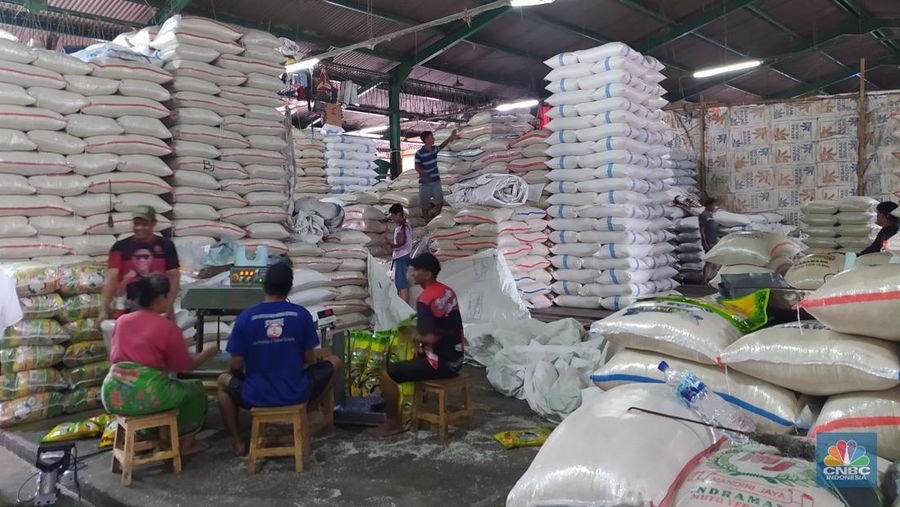 Harga beras hari ini (Senin, 8/5/2023) di Pasar Induk Beras Cipinang (PIBC) Jakarta Timur terpantau masih stabil tinggi, yaitu Rp 10.500-11.000 per kg untuk beras medium.  (CNBC Indonesia/ Martyasari Rizky)