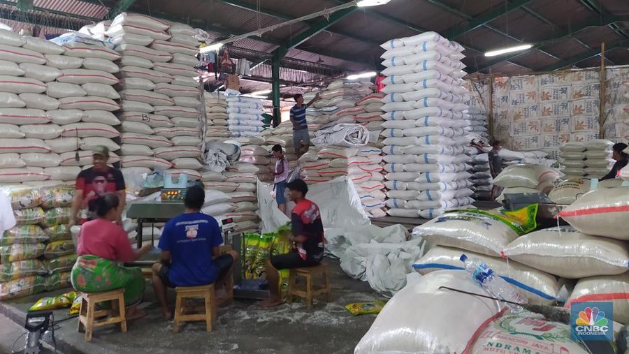 Harga beras hari ini (Senin, 8/5/2023) di Pasar Induk Beras Cipinang (PIBC) Jakarta Timur terpantau masih stabil tinggi, yaitu Rp 10.500-11.000 per kg untuk beras medium.  (CNBC Indonesia/ Martyasari Rizky)