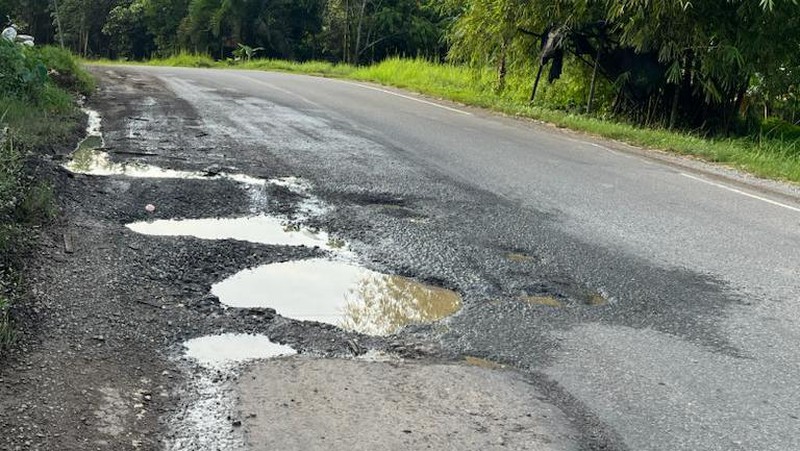 Jalan rusak dan berlubang di Tempino, Jambi. (CNBC Indonesia/Mikel Jefriando)