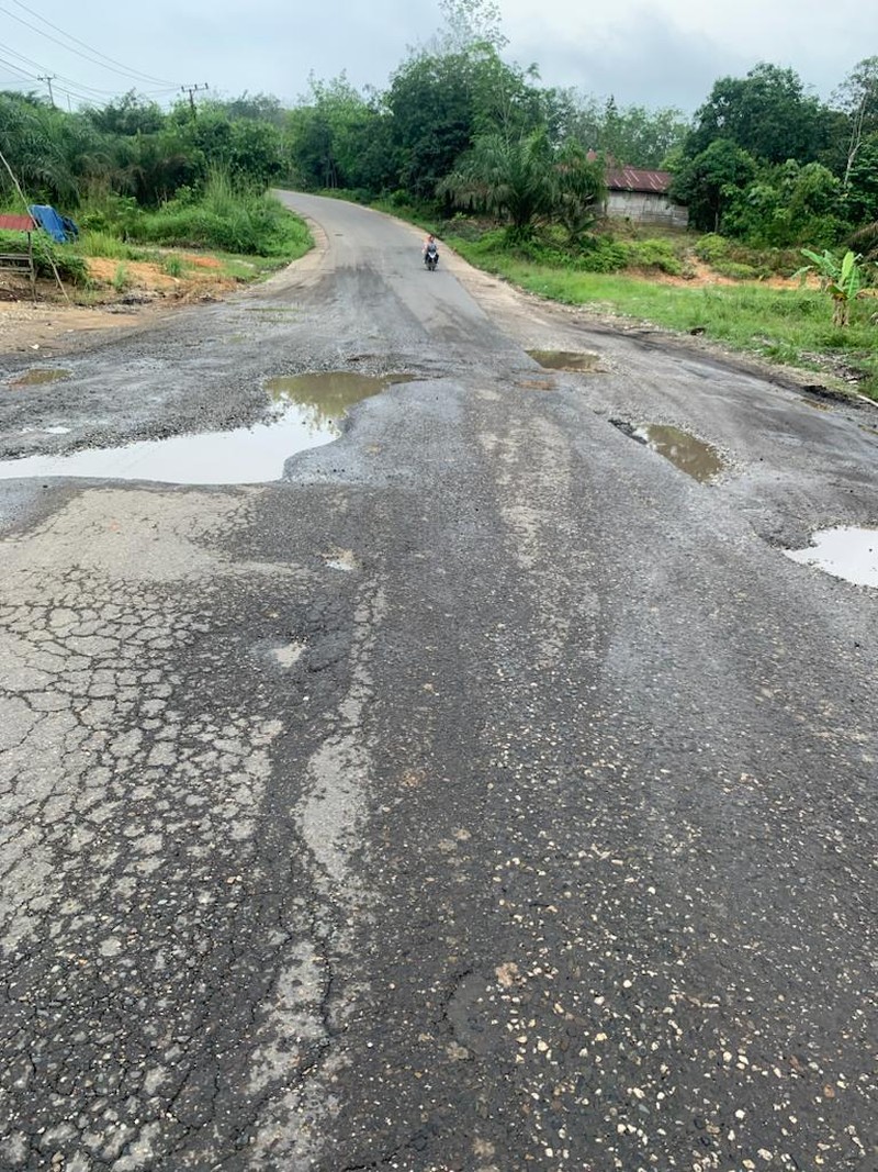 Jalan rusak dan berlubang di Tempino, Jambi. (CNBC Indonesia/Mikel Jefriando)