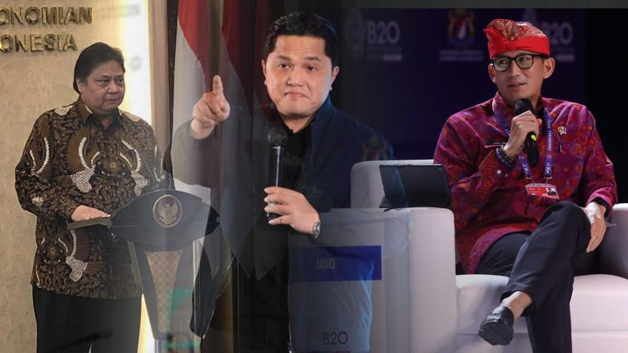 Foto kolase Airlangga Hartarto, Erick Thohir dan Sandiaga Uno.
