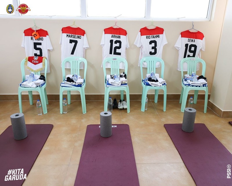 Ruang ganti pemain TIm Nasional (Timnas) Indonesia U-22 saat SEA Games 2023 Kamboja. Ruang ganti pemain TIm Nasional (Timnas) Indonesia U-22 saat SEA Games 2023 Kamboja. (Dok. PSSI)