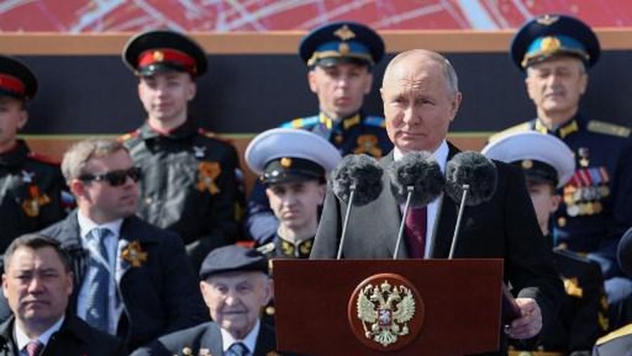 Russian President Vladimir Putin gives a speech during the Victory Day military parade at Red Square in central Moscow on May 9, 2023. - Russia celebrates the 78th anniversary of the victory over Nazi Germany during World War II. (Photo by Gavriil GRIGOROV / SPUTNIK / AFP)