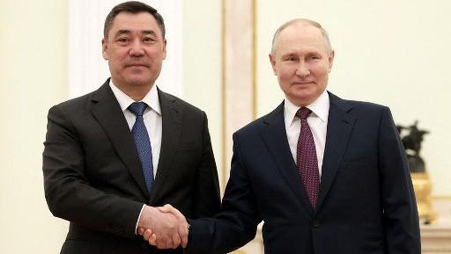Russian President Vladimir Putin meets with his Kyrgyz counterpart Sadyr Japarov (L) at the Kremlin in Moscow on May 8, 2023. (Photo by Mikhail METZEL / SPUTNIK / AFP)