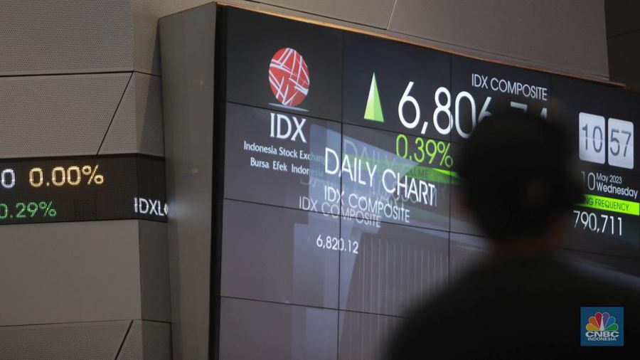 Layar digital pergerakan Indeks Harga Saham Gabungan (IHSG) di Gedung Bursa Efek Indonesia, Jakarta, Rabu (10/5/2023). (վ/Muhammad Sabki)