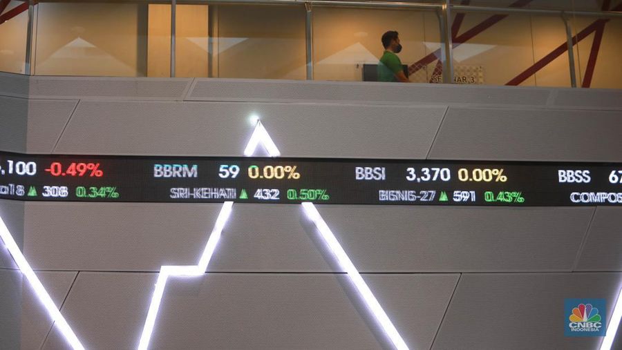 Layar digital pergerakan Indeks Harga Saham Gabungan (IHSG) di Gedung Bursa Efek Indonesia, Jakarta, Rabu (10/5/2023). (²©²ÊÍøÕ¾/Muhammad Sabki)