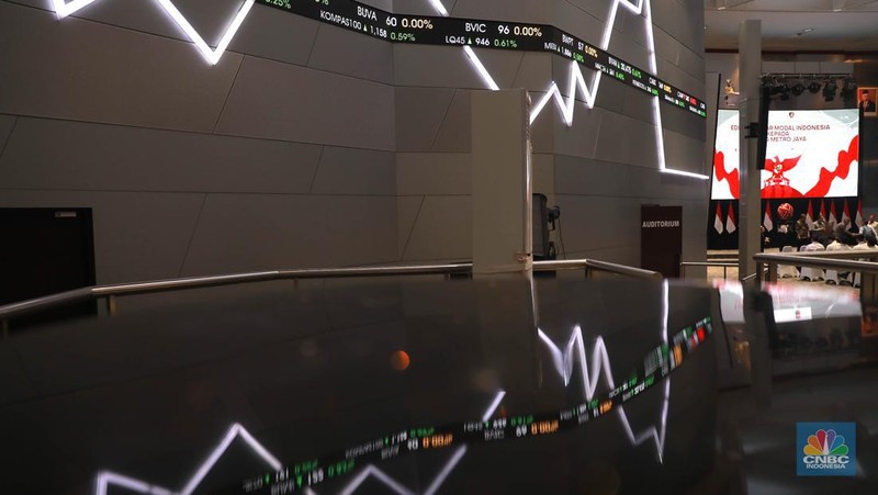 Layar digital pergerakan Indeks Harga Saham Gabungan (IHSG) di Gedung Bursa Efek Indonesia, Jakarta, Rabu (10/5/2023). (CNBC Indonesia/Muhammad Sabki)