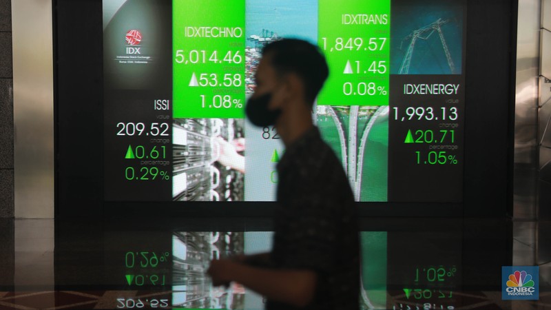 Layar digital pergerakan Indeks Harga Saham Gabungan (IHSG) di Gedung Bursa Efek Indonesia, Jakarta, Rabu (10/5/2023). (CNBC Indonesia/Muhammad Sabki)