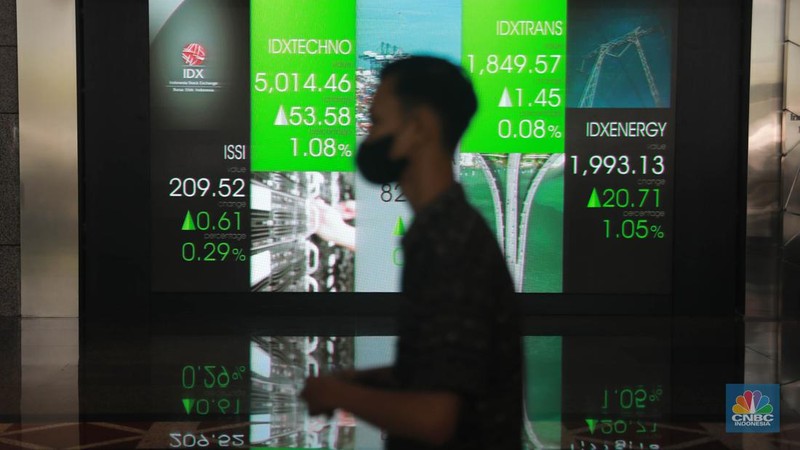 Layar digital pergerakan Indeks Harga Saham Gabungan (IHSG) di Gedung Bursa Efek Indonesia, Jakarta, Rabu (10/5/2023). (CNBC Indonesia/Muhammad Sabki)