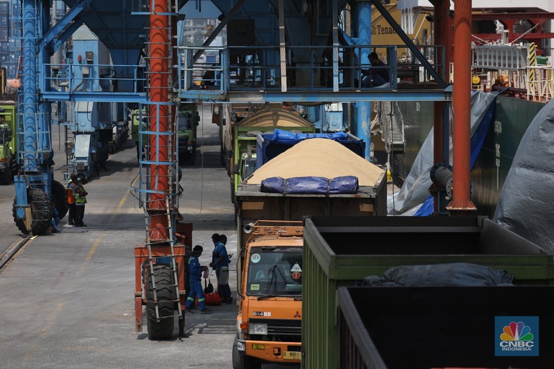 Pekerja melakukan aktivitas bongkar muat gula kristal merah (rafinasi) dari India sebanyak 2.000 ton di Pelabuhan Tanjung Priok, Jakarta, Kamis (11/5/2023). Pekerja melakukan aktivitas bongkar muat gula kristal merah (rafinasi) dari India sebanyak 2.000 ton di Pelabuhan Tanjung Priok, Jakarta, Kamis (11/5/2023). (CNBC Indonesia/Tri Susilo)