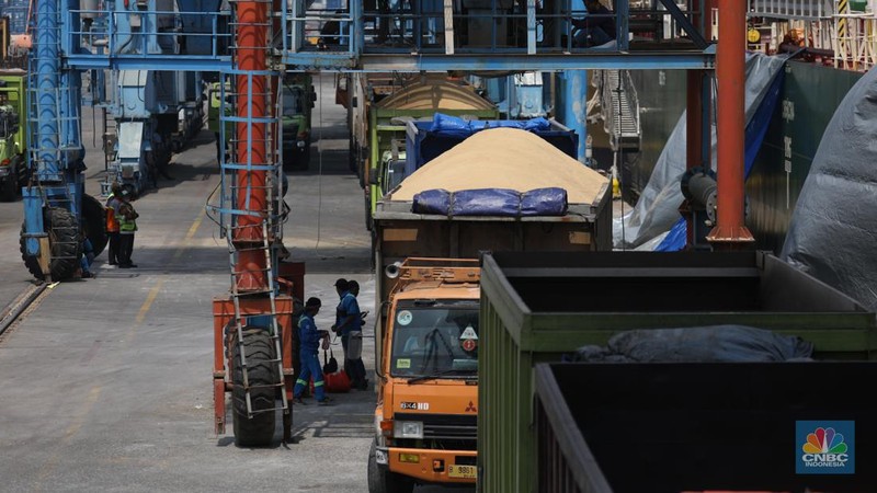 Pekerja melakukan aktivitas bongkar muat gula kristal merah (rafinasi) dari India sebanyak 2.000 ton di Pelabuhan Tanjung Priok, Jakarta, Kamis (11/5/2023). (CNBC Indonesia/Tri Susilo)