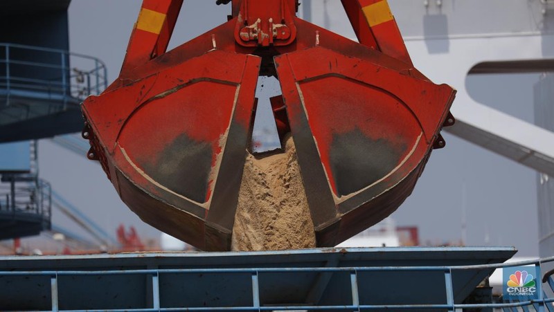 Pekerja melakukan aktivitas bongkar muat gula kristal merah (rafinasi) dari India sebanyak 2.000 ton di Pelabuhan Tanjung Priok, Jakarta, Kamis (11/5/2023). (CNBC Indonesia/Tri Susilo)